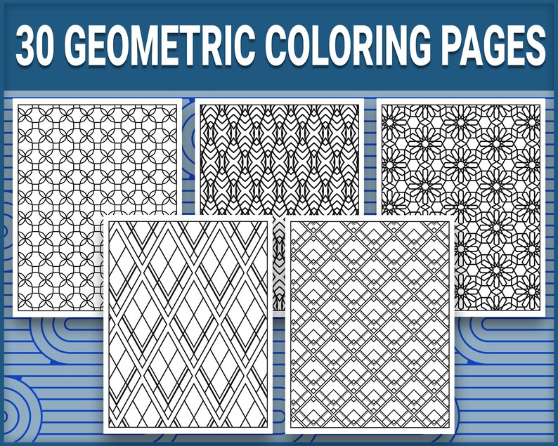 May include: A set of 30 geometric colouring pages featuring black and white patterns. The patterns include circles, diamonds, and stars.