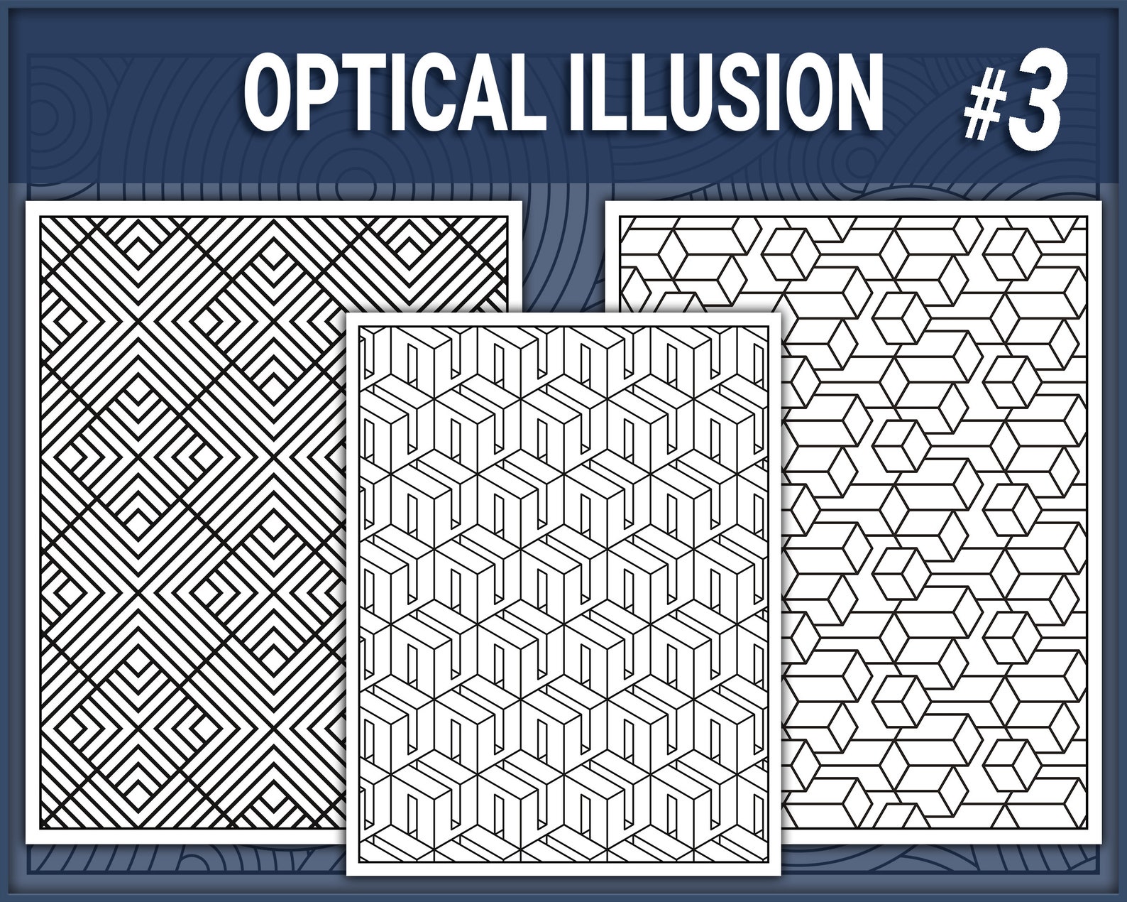 15 3D Optical Illusion Coloring Pages Vol. 3, Geometric Shapes