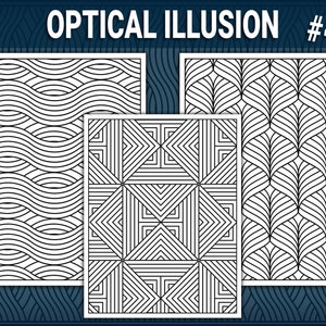 May include: Black and white optical illusion art print with three different patterns. The patterns are made up of lines and curves. The print is titled "Optical Illusion #4".