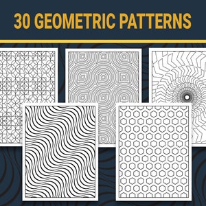 Puede incluir: Un conjunto de cinco patrones geométricos en blanco y negro. Los patrones están formados por líneas, círculos y cuadrados. Los patrones están dispuestos en una cuadrícula.