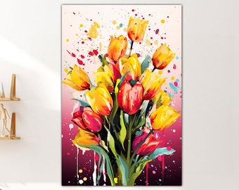 Yellow & Red Tulips Abstract Splatter Art Poster sizes A4 A3 A2 A1