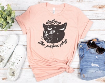Destroy The Patriarchy Feminist Tee, Short Sleeve Cat Shirt, Feminism Shirt