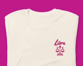 Libra Scale Embroidered Tshirt Zodiac Sign Gift Libra September Birthday Gift October Birthday Tshirt Libra Graphic Tee Astrology Lover Gift