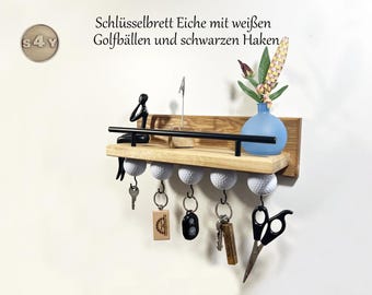 Key rack with shelf, solid oak, rustic style, with 5 white golf balls, black screw hooks, black letter holder edge + personalization