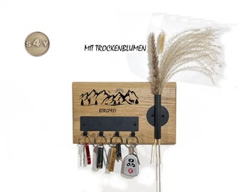 Rustic oak key rack with laser engraving of dried flowers and black metal hooks - personalized strip *476 - *477