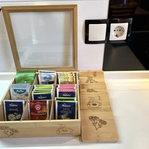 Bamboo tea box with viewing window and 9 compartments for tea bags + laser engraving personalized as a nice gift for your loved ones! *2028