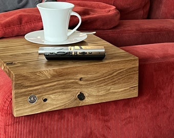 Sofaablage “Kaffee-Coffee” für die Armlehne, Ablage Tablett, Eiche Massivholz, Tisch für Armlehne, Ablage für Handy und Tablet-Halterungen