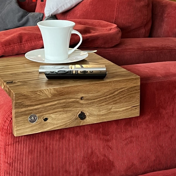 Sofaablage “Kaffee-Coffee” für die Armlehne, Ablage Tablett, Eiche Massivholz, Tisch für Armlehne, Ablage für Handy und Tablet-Halterungen