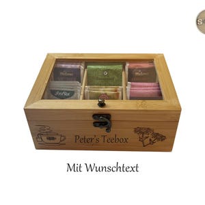 Teebox Bambus mit Sichtfenster und 6 Fächern für Teebeutel + Laser Gravur personalisiert als schönes Geschenk für deine Lieben!