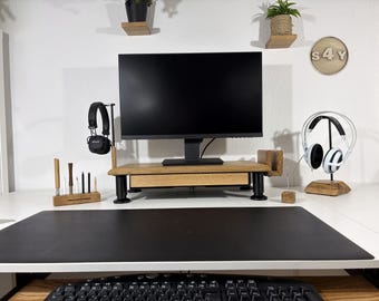 Handcrafted monitor riser COCKPIT-S4Y SPECIAL solid wild oak with drawer and oak front panel + personalization *6845 - *6850