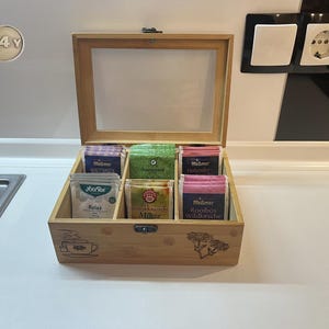 Teebox Bambus mit Sichtfenster und 6 Fächern für Teebeutel + Laser Gravur personalisiert als schönes Geschenk für deine Lieben! *2031