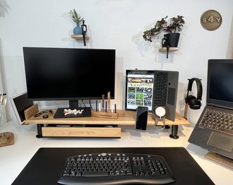 Monitor riser/screen riser COCKPIT-S4Y maxi 98 cm made of solid rustic oak with many optional accessories