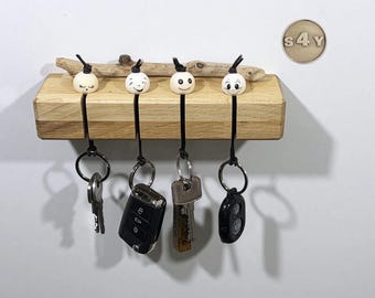 Family wooden key rack with slotted shelf, rustic oak, wooden ball and cheerful faces + personalization (name) *485 - *486
