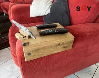 Sofa shelf “Kaffee-Coffee” "NEW" for the armrest, including 360 degree mobile phone holder, iPad, remote control, in rustic oak solid wood