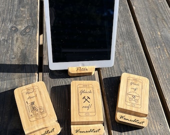 Mobile phone holder personalized on both sides made of bamboo wood tablet stand, smartphone holder with laser engraving, name + motif