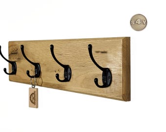 Solid oak coat rack, rustic style, with black hooks + personalization, wall-mounted coat rack from 30 cm to 100 cm *5064 - *5078