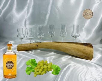 Grappa stand with 6 grappa glasses + laser engraving. Suitable for: shot glasses, liqueur glasses, clear fruit brandies, pomace brandies, marc, and gin.
