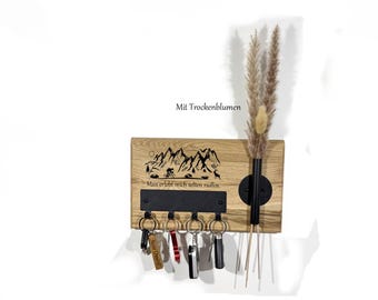 Rustic oak key rack for cyclists with laser engraving of dried flowers and black metal hooks - Personalization strip *478 - *479