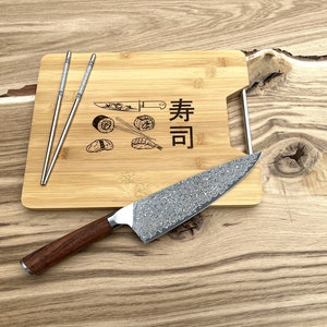 Bamboe snijplank met metalen handvat met Japans design. Het perfecte cadeau voor de chef-kok, vriend, vriendin, zus, vader, moeder afbeelding 1