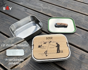 Angler Edelstahl Brotdose, Angler Geschenk, Angler Brotbox, Männer Geschenke, Edelstahl Brotdose, Massivholz personalisiert, Männergeschenke