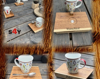 Coffee mug personalized with solid oak tray and stainless steel spoon (3 pieces) coffee break, coffee fans, coffee lovers, gift