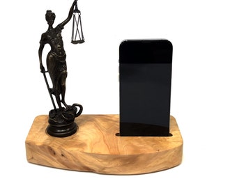 Justitia dockingstation, laadstation van massief hout met Justitia in brons voor een Apple iPhone 6_6S_6 Plus_8-10 Plus, X, 13, 13 PRO MAX