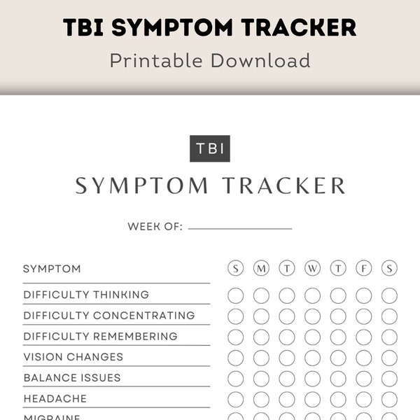 TBI Traumatic Brain Injury Symptom Tracker, Printable PDF