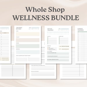 Op de afbeelding: Een verzameling afdrukbare wellness trackers, waaronder voedselgevoeligheid, gedachtenverslag, lepel tracker en energie tracker. De pagina's zijn in een minimalistische stijl met zachte pastelkleuren en de tekst "Whole Shop WELLNESS BUNDLE".