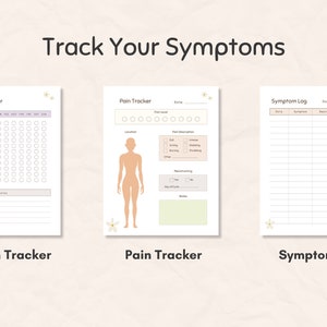 May include: Three printable symptom trackers. The first is a symptom tracker with a list of symptoms and a weekly calendar. The second is a pain tracker with a body diagram and pain level indicators. The third is a symptom log.