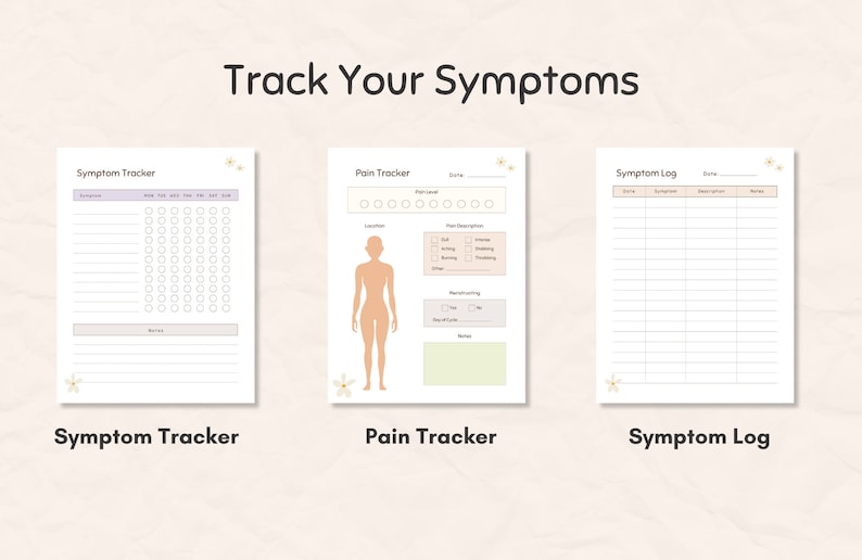 May include: Three printable symptom trackers. The first is a symptom tracker with a list of symptoms and a weekly calendar. The second is a pain tracker with a body diagram and pain level indicators. The third is a symptom log.