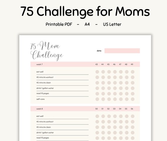 75 Challenge Tracker for Moms - Printable PDF - 75 Day SAHM Wellness Tracker