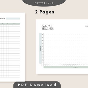 May include: Two-page energy tracker printable. The first page is a grid for daily tracking, and the second page uses a graph format. The text "Energy Tracker" is at the top of each page. The text "PDF Download" is at the bottom.