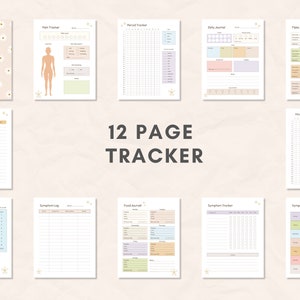 May include: A 12-page tracker with various layouts for tracking symptoms, pain, and other health-related information. The cover of the journal is beige with a daisy pattern. Pages include a pain tracker, period tracker, and daily journal.