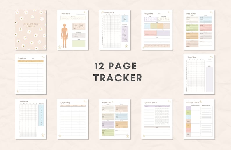 May include: A 12-page tracker with various layouts for tracking symptoms, pain, and other health-related information. The cover of the journal is beige with a daisy pattern. Pages include a pain tracker, period tracker, and daily journal.