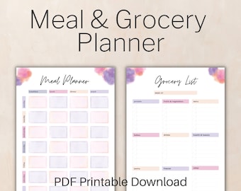 Printable Meal Planner and Grocery List, Weekly Menu Planner, Shopping List, PDF Download, US Letter + A4