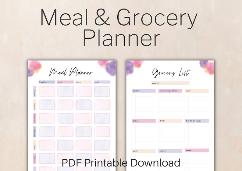 Printable Meal Planner and Grocery List, Weekly Menu Planner, Shopping List, PDF Download, US ...