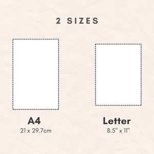 May include: Image showing two paper sizes: A4 (21 x 29.7cm) and Letter (8.5" x 11"). The text "2 SIZES" is at the top. The A4 size is on the left, and the Letter size is on the right. Both sizes are represented by a white rectangle with a dashed border.