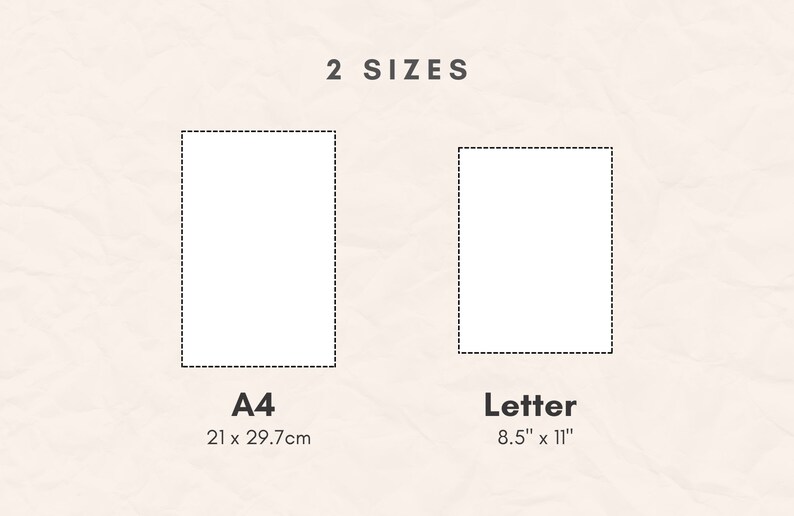 May include: Image showing two paper sizes: A4 (21 x 29.7cm) and Letter (8.5" x 11"). The text "2 SIZES" is at the top. The A4 size is on the left, and the Letter size is on the right. Both sizes are represented by a white rectangle with a dashed border.