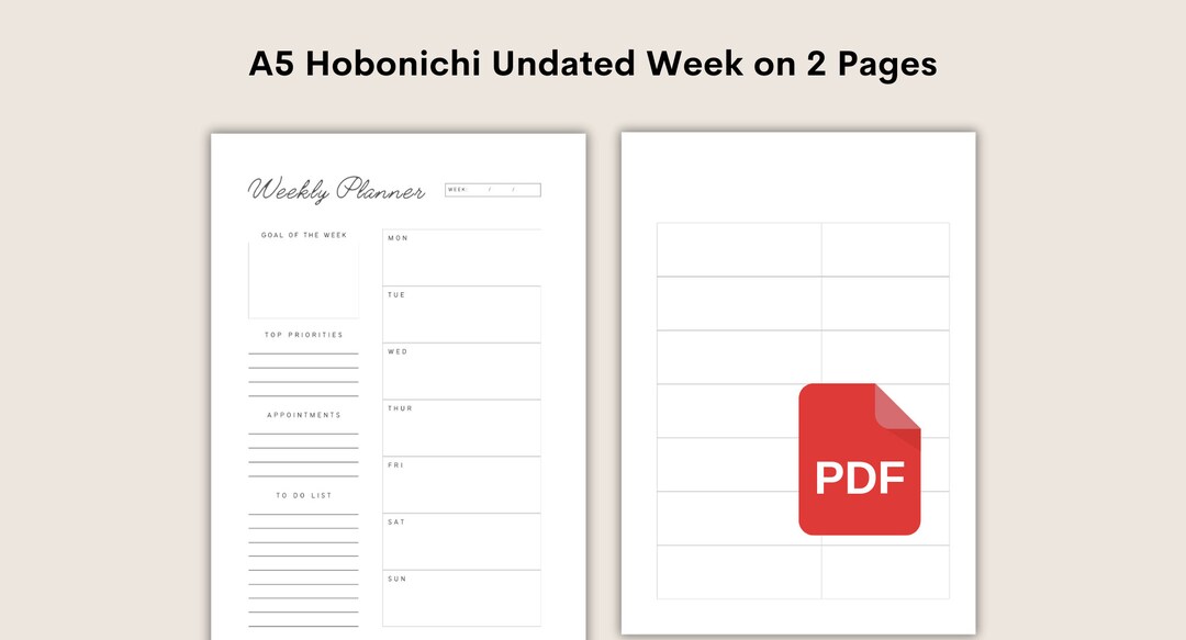 Printable A5 Hobo Weekly Planner Insert PDF Instant Download Hobonichi ...
