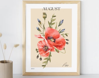 August Birth Flower Printable - Poppy Birthday Flower Art - Last Minute Baby Shower Gift - Instant Download