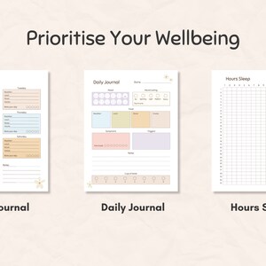May include: Three printable journal pages with the text "Prioritise Your Wellbeing". The pages include a food journal, a daily journal, and an hours sleep tracker. Each page has a pastel color scheme and floral accents.