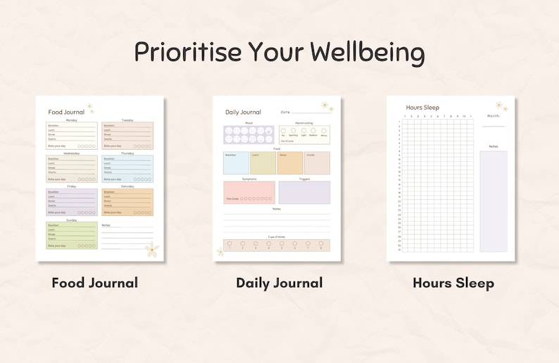 May include: Three printable journal pages with the text "Prioritise Your Wellbeing". The pages include a food journal, a daily journal, and an hours sleep tracker. Each page has a pastel color scheme and floral accents.