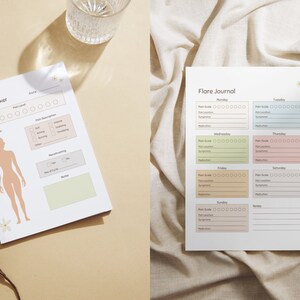May include: Two white paper journals with floral accents. One is a pain tracker with a body diagram and pain level indicators. The other is a flare journal with daily sections for pain scale, location, symptoms, and medication.