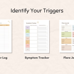 May include: Three printable journal pages: a trigger log, a symptom tracker, and a flare journal. The pages are white with light floral accents and labeled with titles. The text "Identify Your Triggers" is at the top.