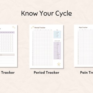 May include: Three printable trackers: a symptom tracker, a period tracker, and a pain tracker. The symptom tracker has a space for symptoms and a weekly calendar. The period tracker has a calendar and cycle length section. The pain tracker has a pain level scale.