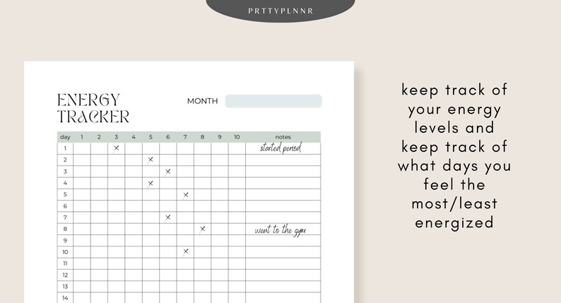 May include: A printable energy tracker with the title "ENERGY TRACKER" at the top. The tracker includes a grid for daily tracking, with space for notes. Text on the right says "keep track of your energy levels and keep track of what days you feel the most/least energized."