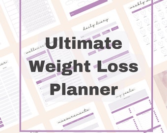 May include: A collection of white and purple printable planner pages. The text "Ultimate Weight Loss Planner" is prominently displayed. Pages include sections for daily diary, measurements, and goal tracking. The overall design is clean and organized.
