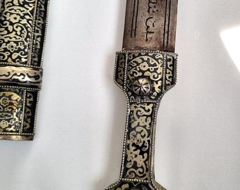 Fantastico pugnale inciso del XIX secolo, antico periodo ottomano circasso Kama, spada corta artigianale
