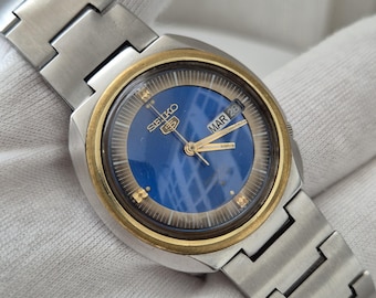Reloj automático vintage Seiko 5, esfera azul, años 70, fabricado en Japón.