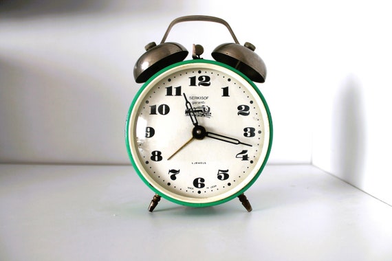 Vintage Serkisof Mechanical Alarm Clock, Green Metal Twin Bell